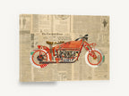 Red Newsprint Motorcycle, vintage red motorcycle newspaper collage, stretched canvas wall art print ready to hang