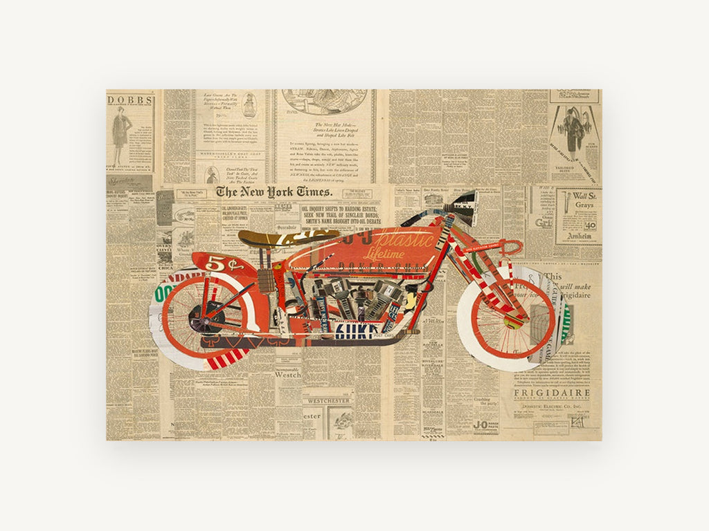 Red Newsprint Motorcycle, vintage canvas wall art print, front view