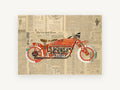 Red Newsprint Motorcycle, vintage canvas wall art print, front view