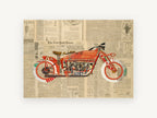 Red Newsprint Motorcycle, vintage canvas wall art print, front view