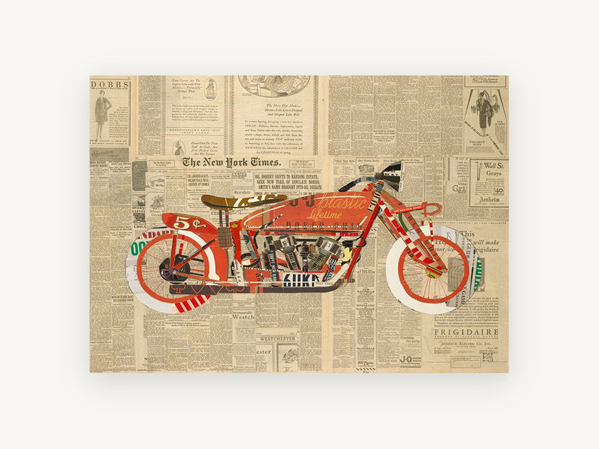 Red Newsprint Motorcycle, vintage canvas wall art print, front view