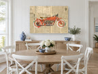 Red Newsprint Motorcycle vintage canvas print on the wall of a Hamptons dining room
