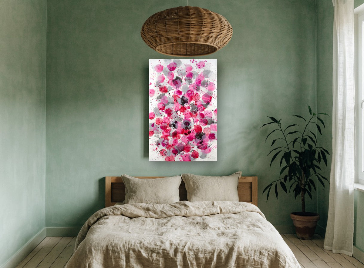 Pink Blush Bouquet floral canvas print on the wall of a bedroom
