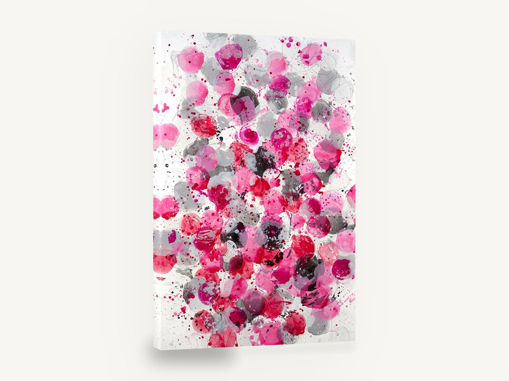 Pink Blush Bouquet, pink and grey abstract circles splatter, floral canvas wall art print ready to hang