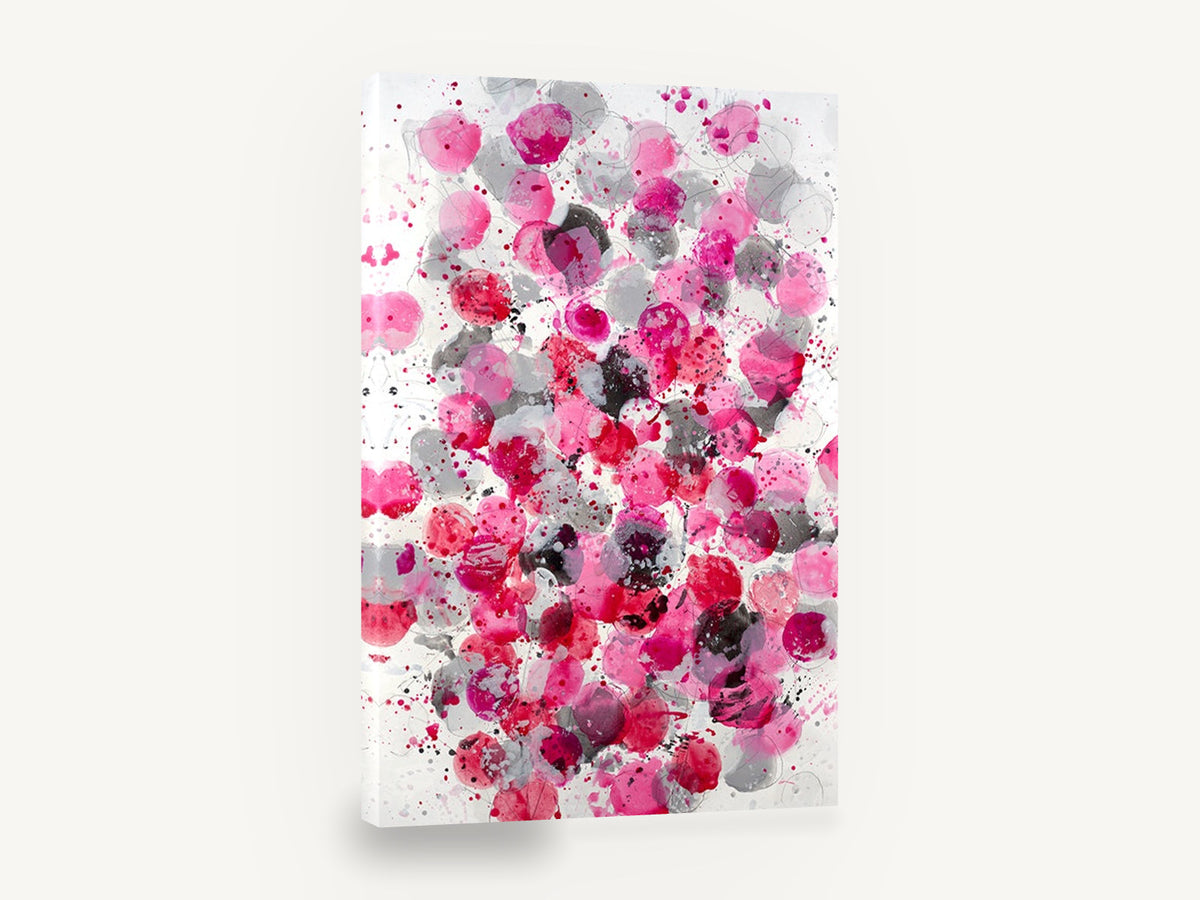 Pink Blush Bouquet, pink and grey abstract circles splatter, floral canvas wall art print ready to hang