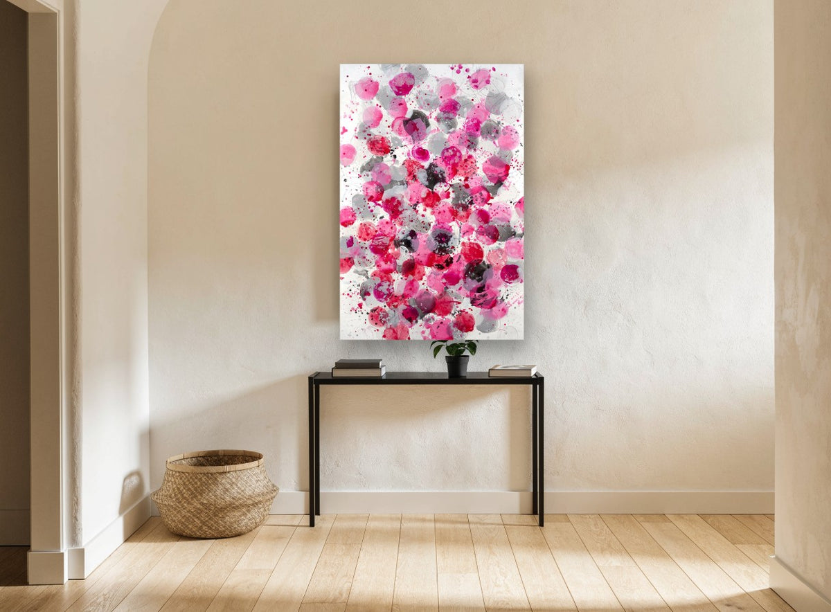 Pink Blush Bouquet floral canvas print on the wall of a hallway