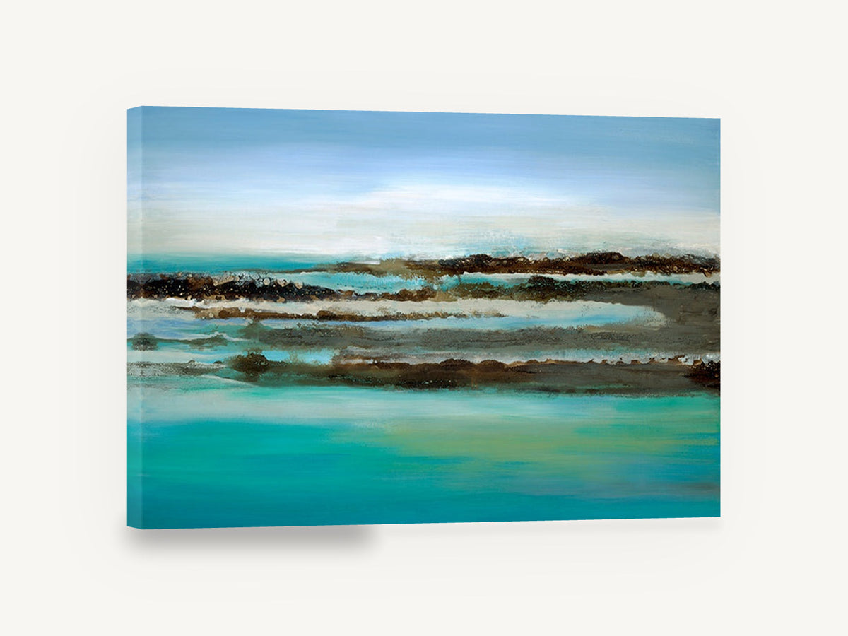 Teal Shoreline Bands, teal abstract coastal seascape painting, coastal canvas wall art print ready to hang