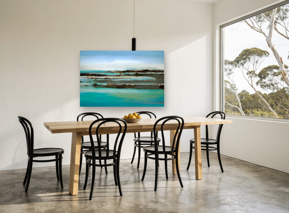 Teal Shoreline Bands coastal canvas print on the wall of a dining room
