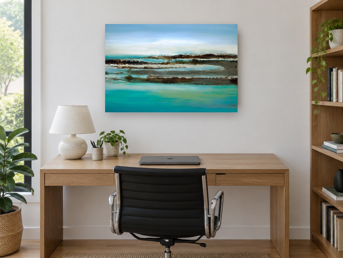 Teal Shoreline Bands coastal canvas print on the wall of a study