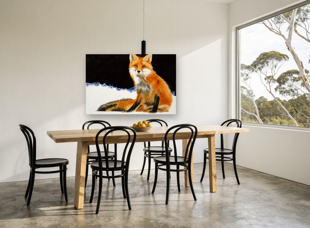 Fox in the Snow animal canvas print on the wall of a dining room