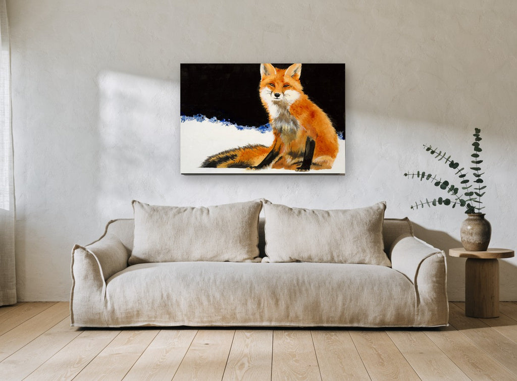 Fox in the Snow animal canvas print on the wall of a living room
