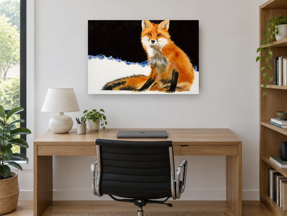 Fox in the Snow animal canvas print on the wall of a study