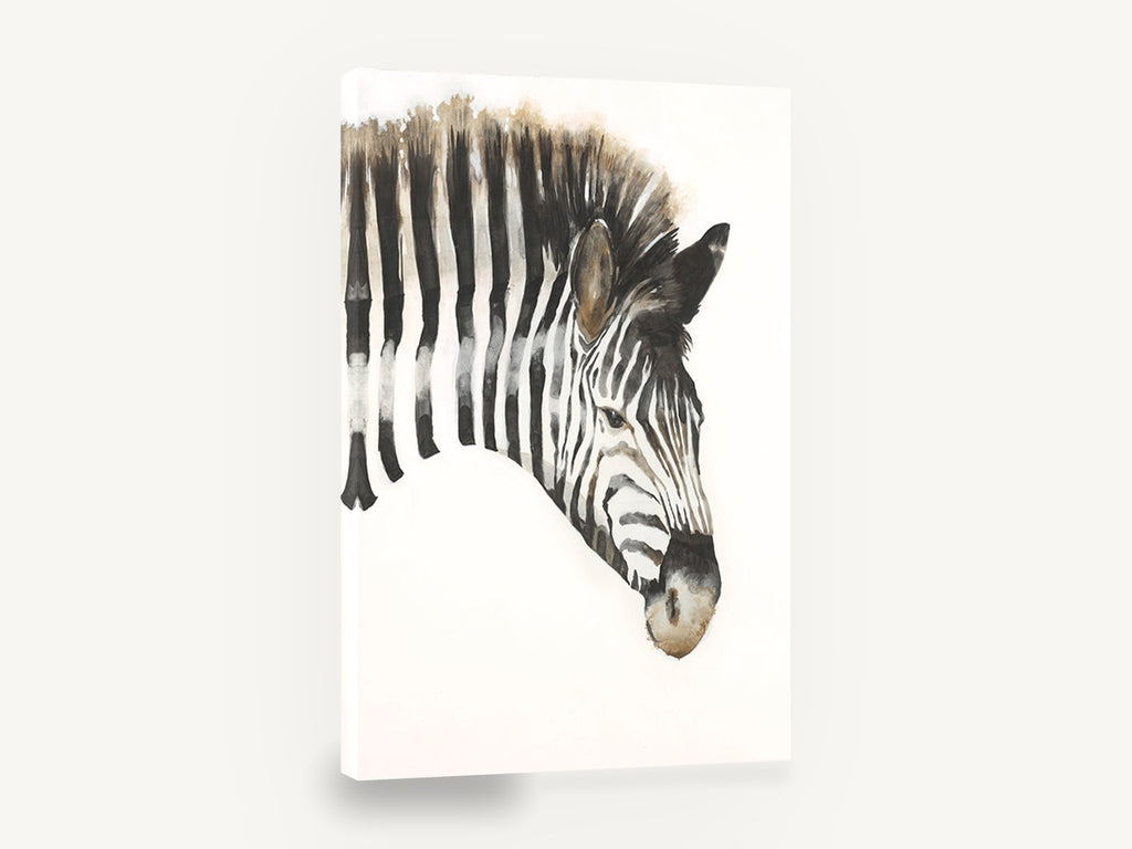 Inked Zebra Stripe Gaze, zebra head watercolour portrait, animal canvas wall art print ready to hang