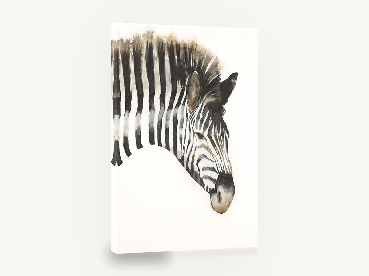 Inked Zebra Stripe Gaze, zebra head watercolour portrait, animal canvas wall art print ready to hang