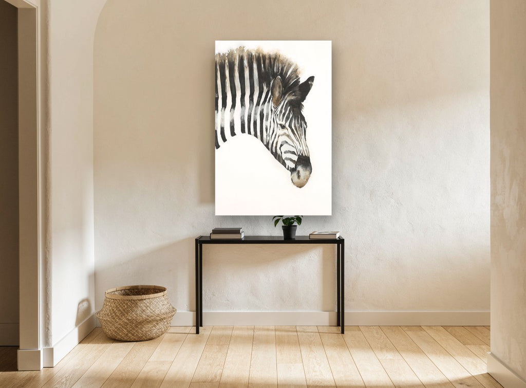 Inked Zebra Stripe Gaze animal canvas print on the wall of a hallway