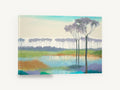 Lavender Grove Reflections, lavender trees over reflective pond painting, landscape canvas wall art print ready to hang