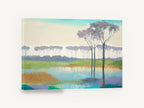 Lavender Grove Reflections, lavender trees over reflective pond painting, landscape canvas wall art print ready to hang