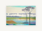 Lavender Grove Reflections, lavender trees over reflective pond painting, landscape canvas wall art print, front view