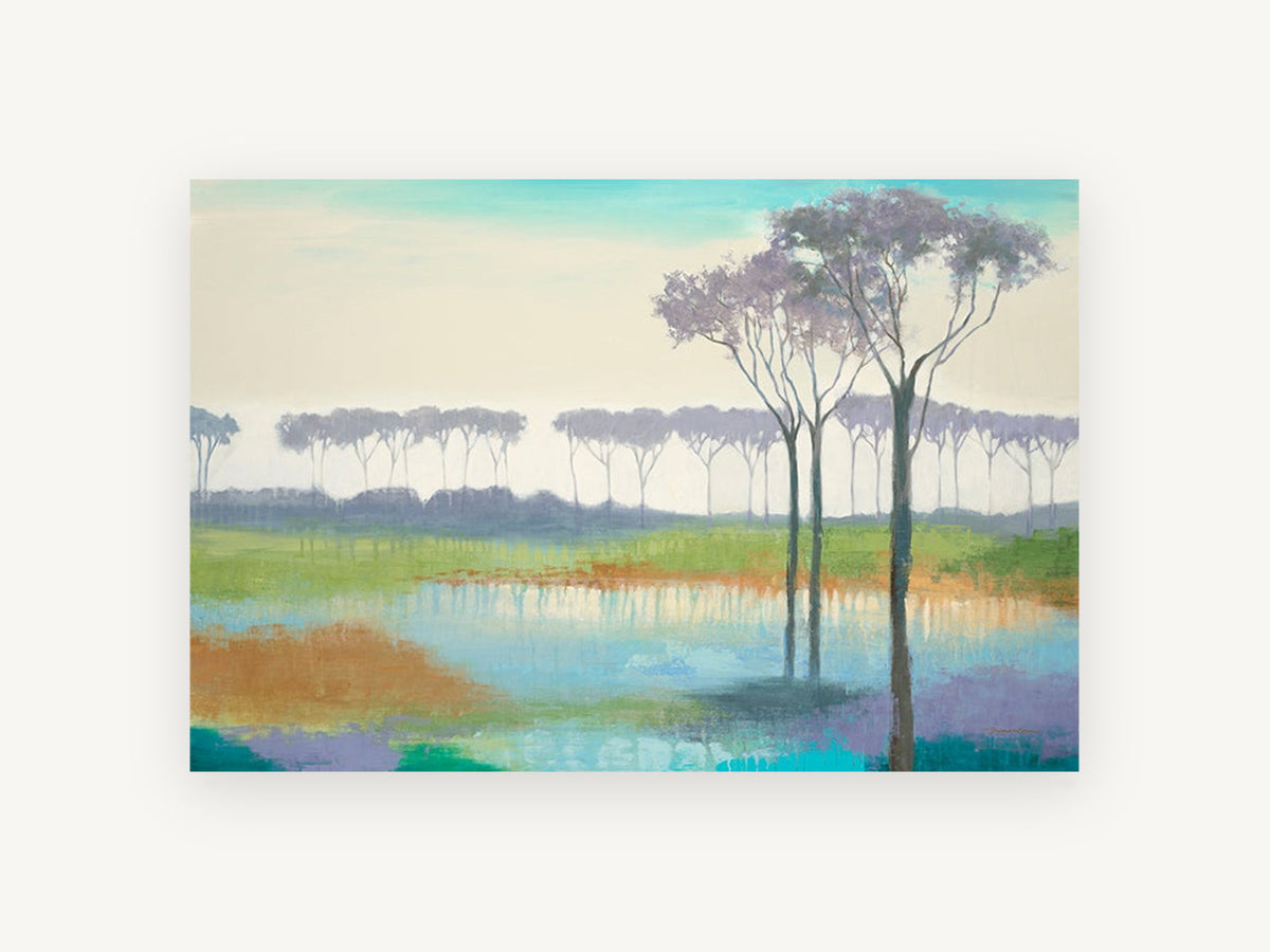 Lavender Grove Reflections, lavender trees over reflective pond painting, landscape canvas wall art print, front view