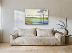 Lavender Grove Reflections landscape canvas print on the wall of a living room