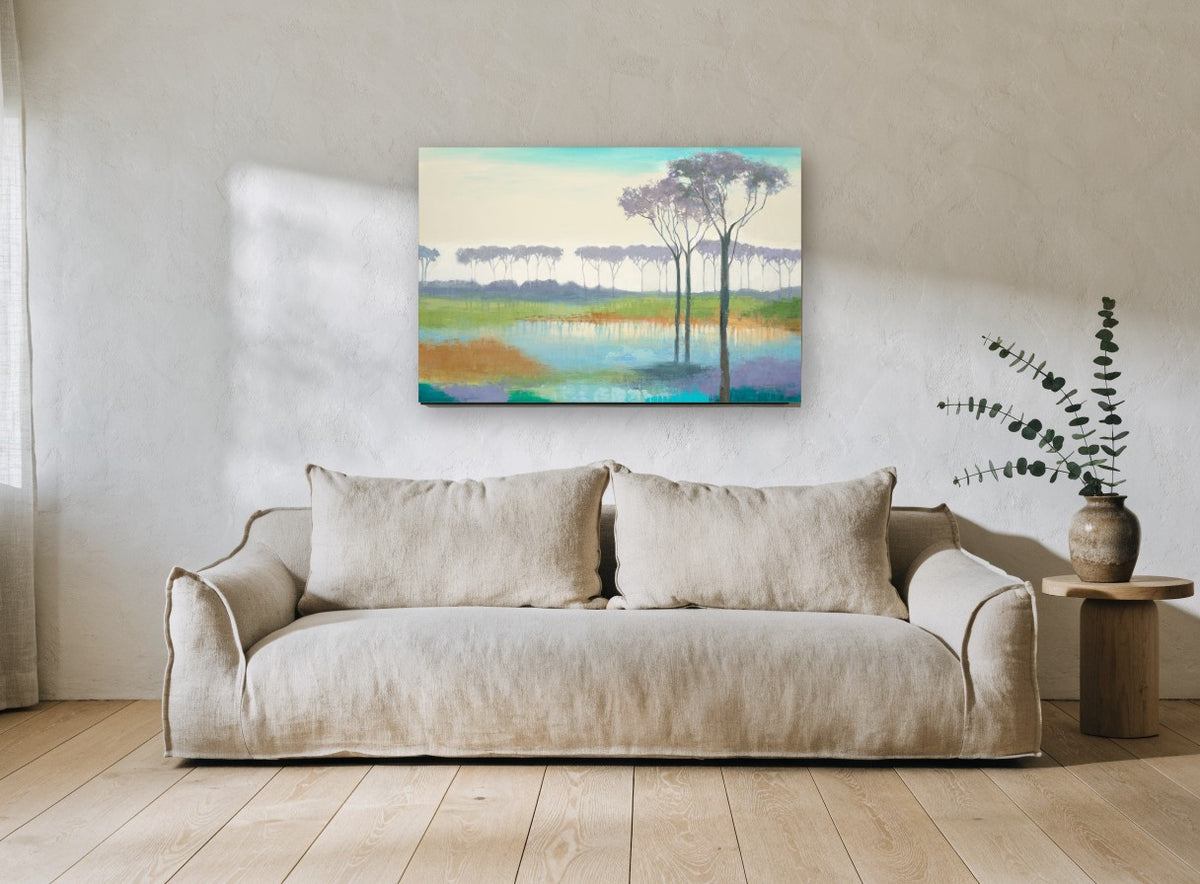 Lavender Grove Reflections landscape canvas print on the wall of a living room
