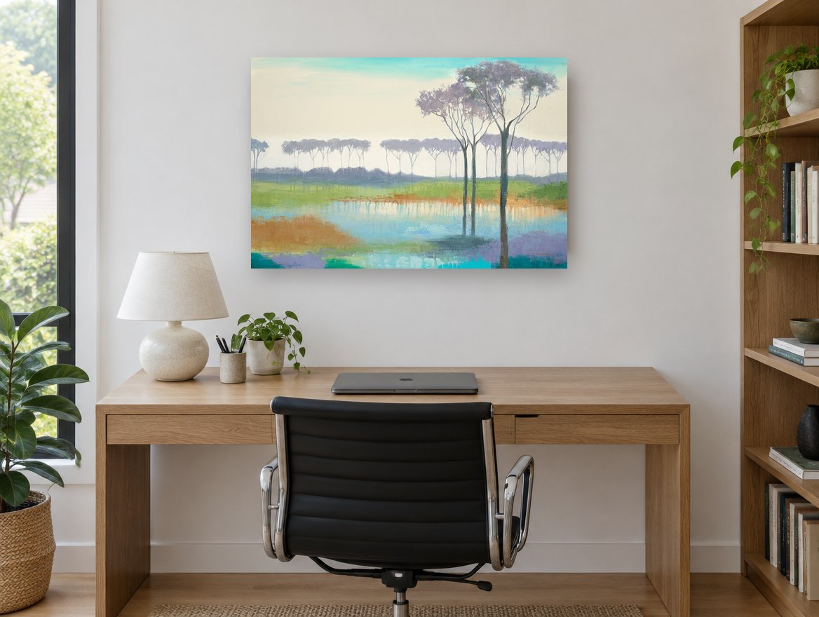 Lavender Grove Reflections landscape canvas print on the wall of a study