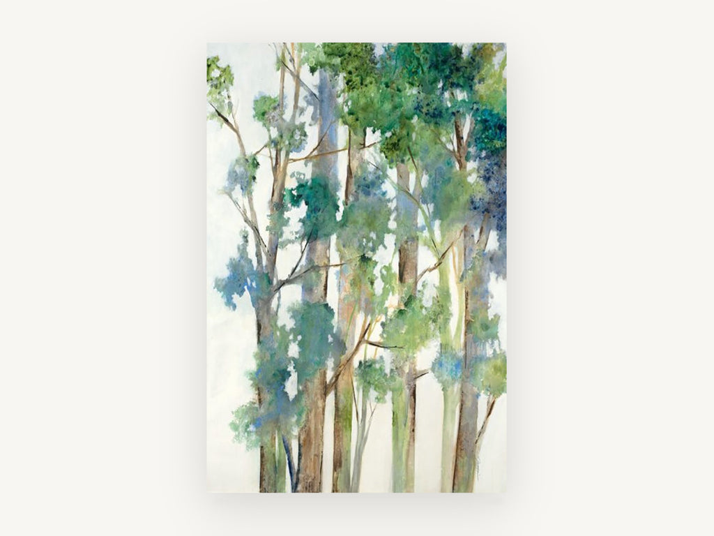 Soft Eucalypt Canopy, green blue tree canopy artwork, landscape canvas wall art print, front view