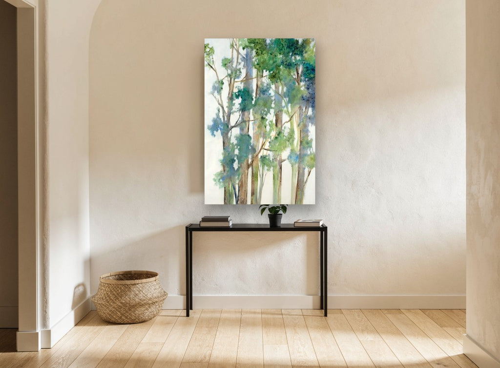 Soft Eucalypt Canopy landscape canvas print on the wall of a hallway