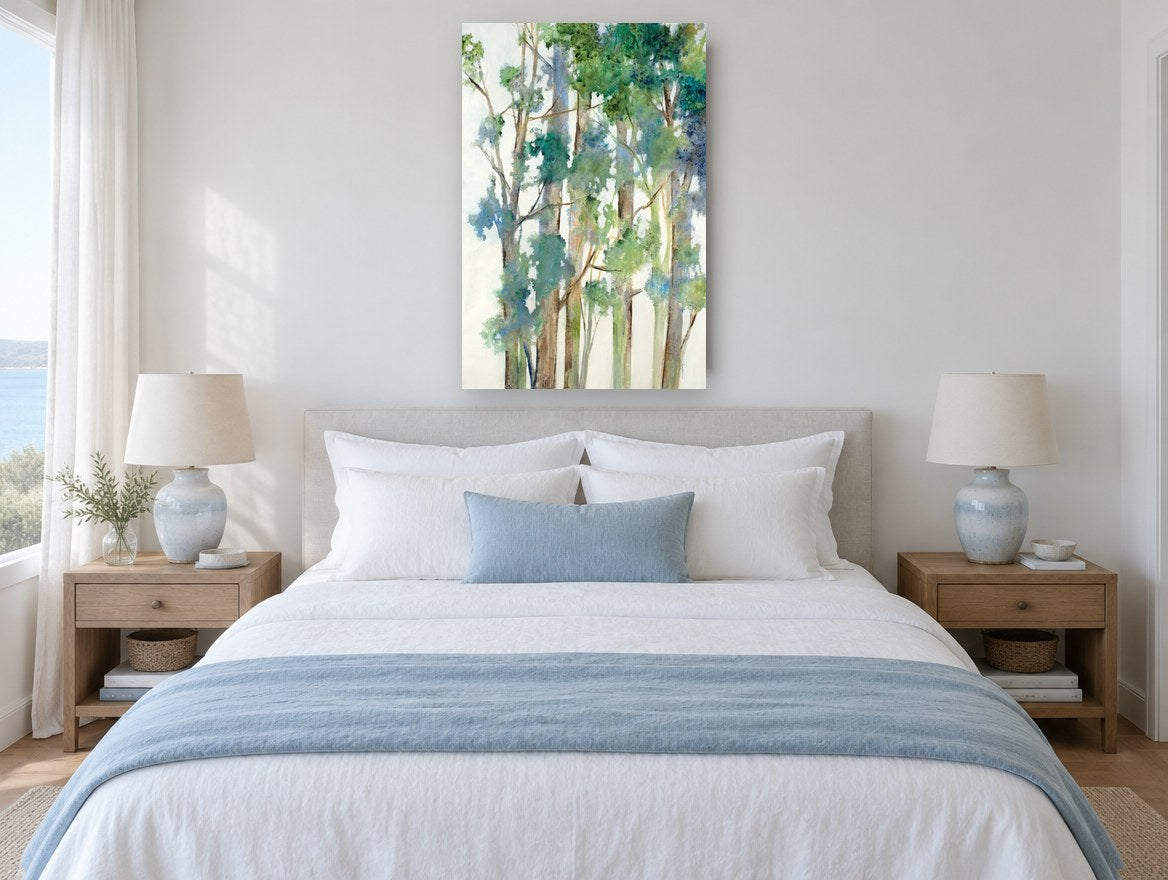 Soft Eucalypt Canopy landscape canvas print on the wall of a bedroom