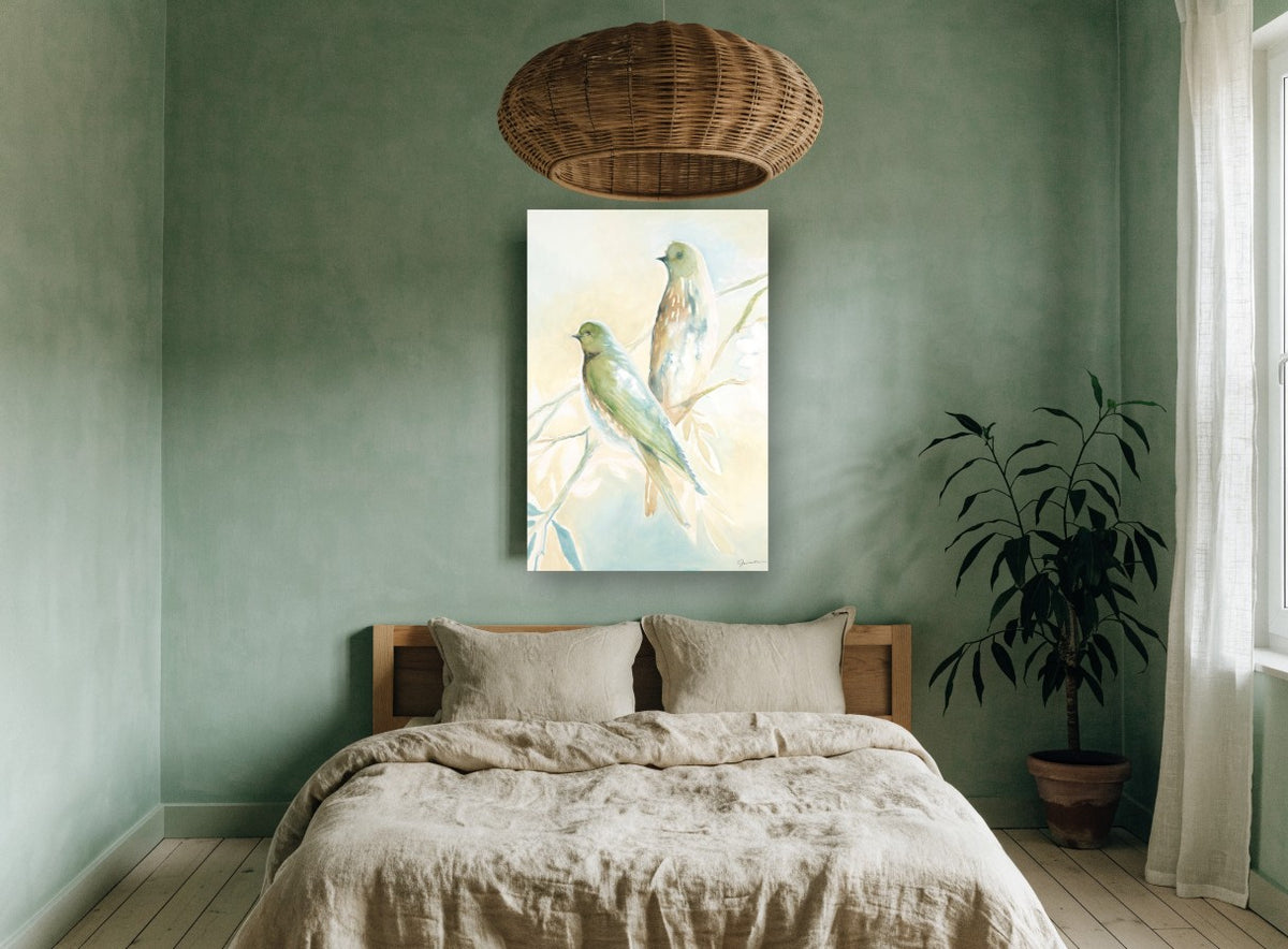 Soft Green Perching Pair animal canvas print on the wall of a bedroom
