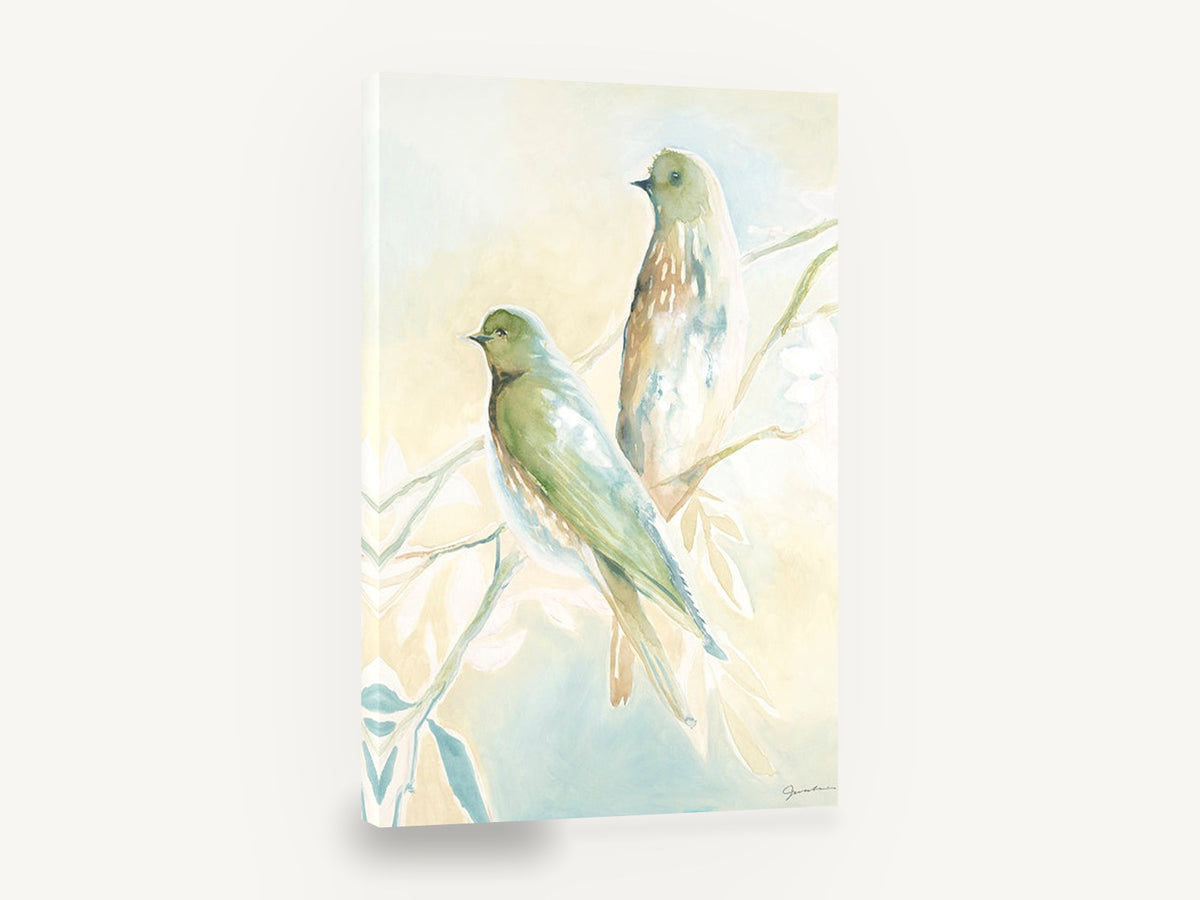 Soft Green Perching Pair, two birds watercolour illustration, animal canvas wall art print ready to hang