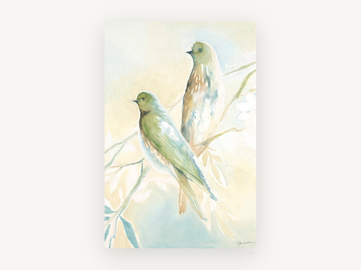 Soft Green Perching Pair, two birds watercolour illustration, animal canvas wall art print, front view