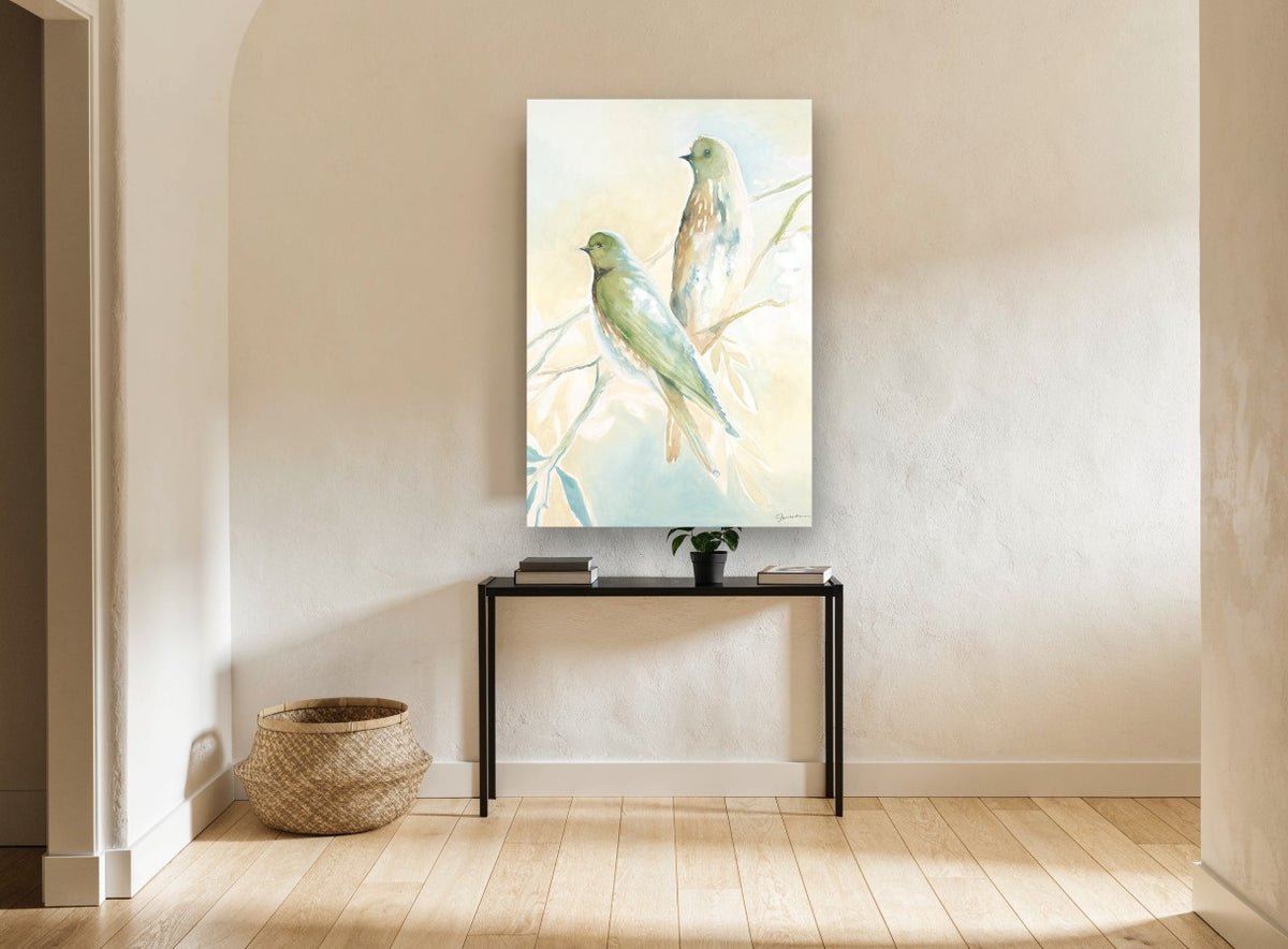 Soft Green Perching Pair animal canvas print on the wall of a hallway