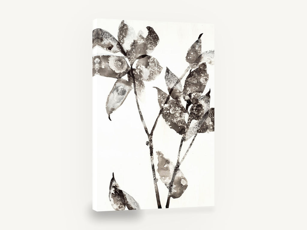 Mottled Ink Leaves, black and white leaf branch watercolour, floral canvas wall art print ready to hang