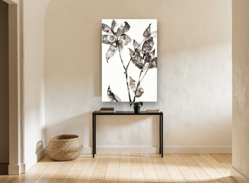 Mottled Ink Leaves floral canvas print on the wall of a hallway