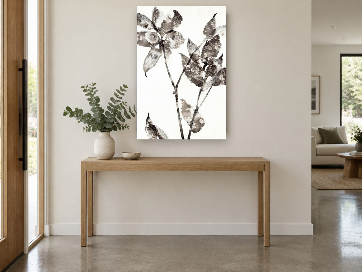 Mottled Ink Leaves floral canvas print on the wall of a entry hall