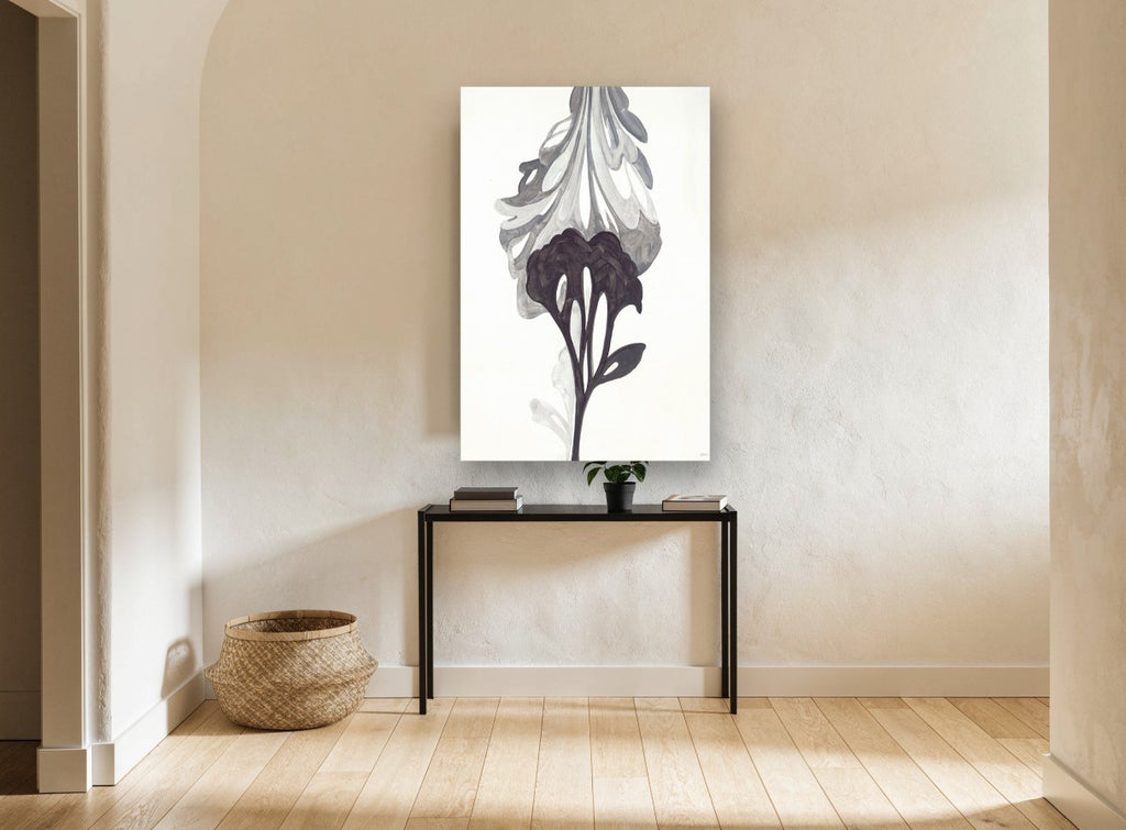 Inked Bloom Study floral canvas print on the wall of a hallway