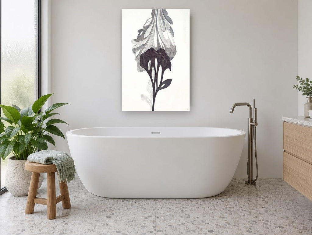 Inked Bloom Study floral canvas print on the wall of a bathroom