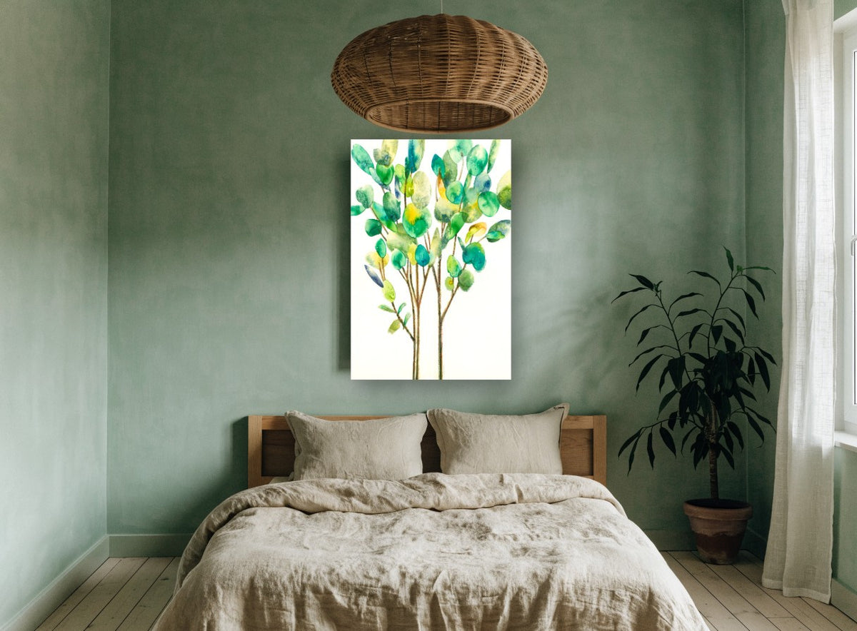 Leafy Green Saplings floral canvas print on the wall of a bedroom