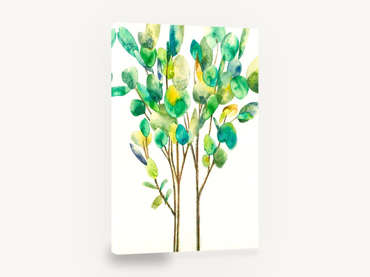 Leafy Green Saplings, green watercolour leafy branches botanical, floral canvas wall art print ready to hang