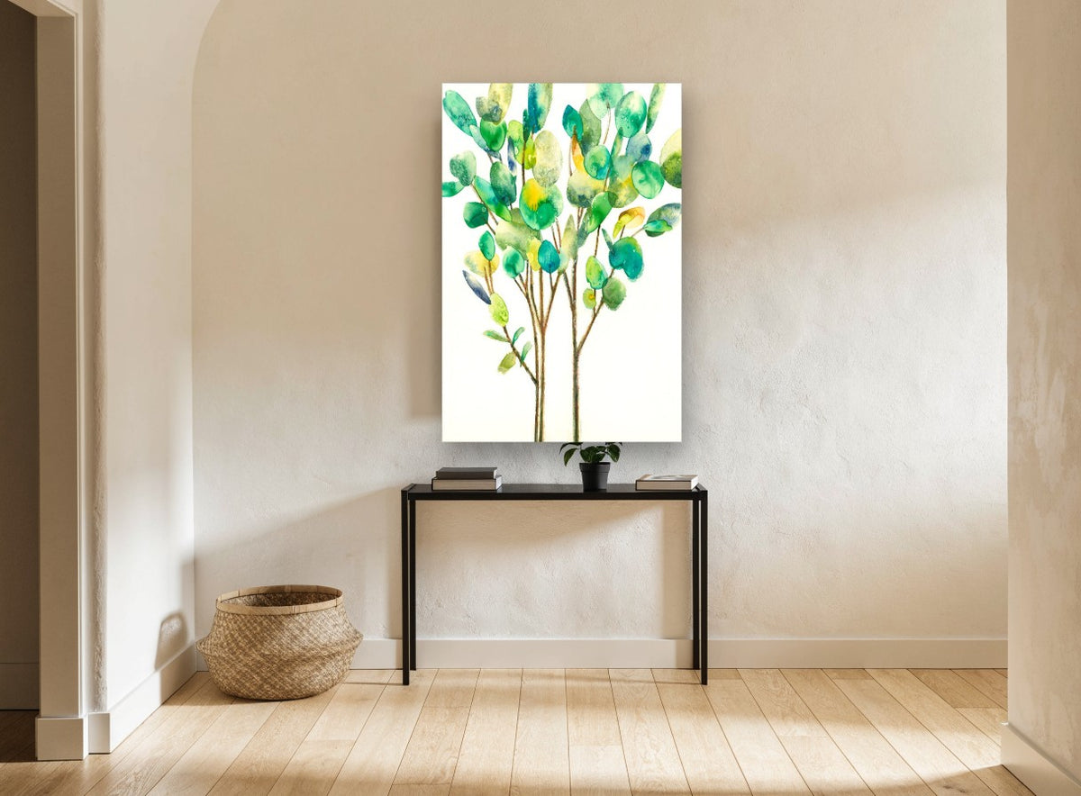 Leafy Green Saplings floral canvas print on the wall of a hallway