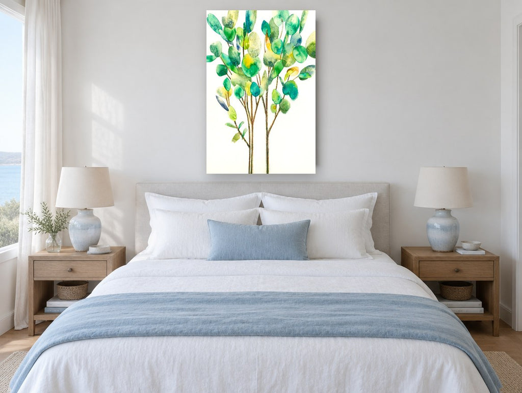 Leafy Green Saplings floral canvas print on the wall of a coastal bedroom