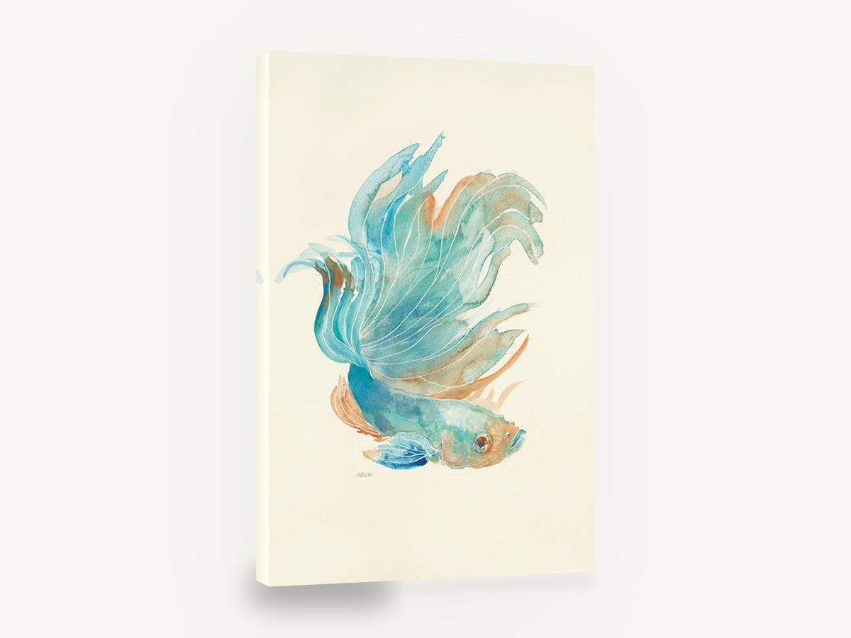Teal Betta Drift, teal betta fish watercolour, coastal canvas wall art print ready to hang