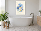 Blue Betta Swirl coastal canvas print on the wall of a bathroom