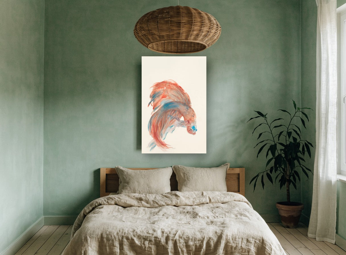 Coral Betta Study coastal canvas print on the wall of a bedroom