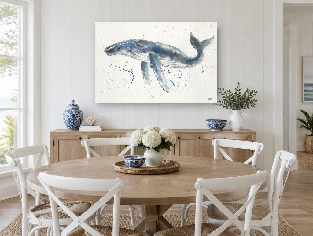 Humpback Drifting Free coastal canvas print on the wall of a Hamptons dining room