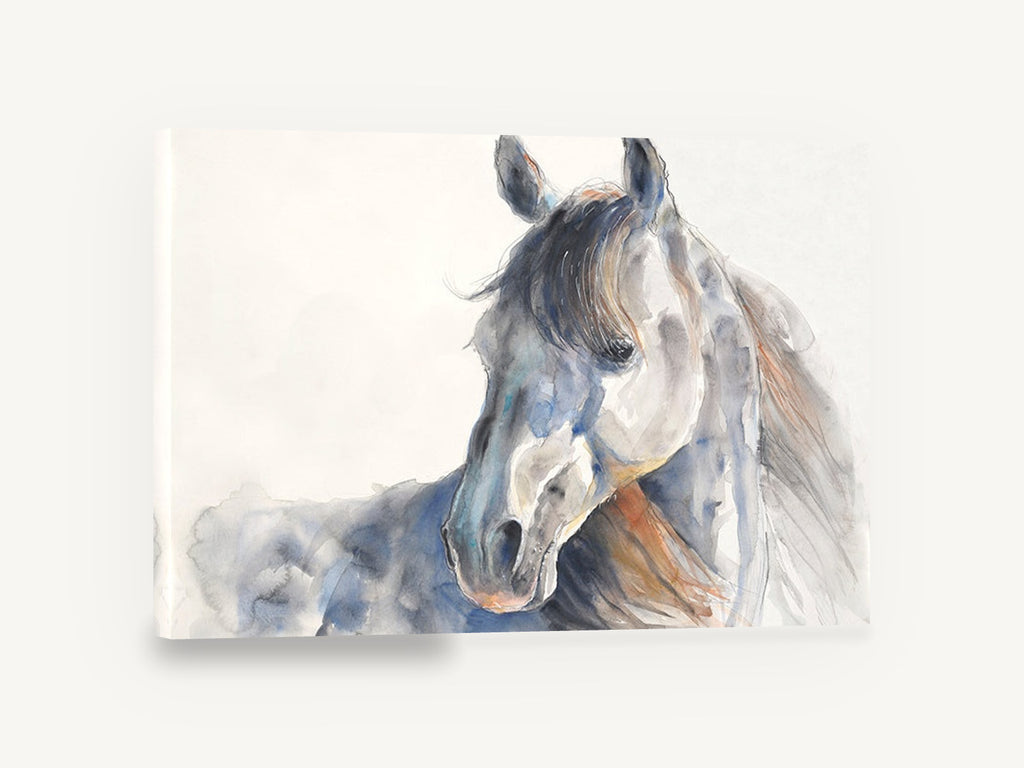 Grey Horse Turning Back, grey horse watercolour portrait, animal canvas wall art print ready to hang