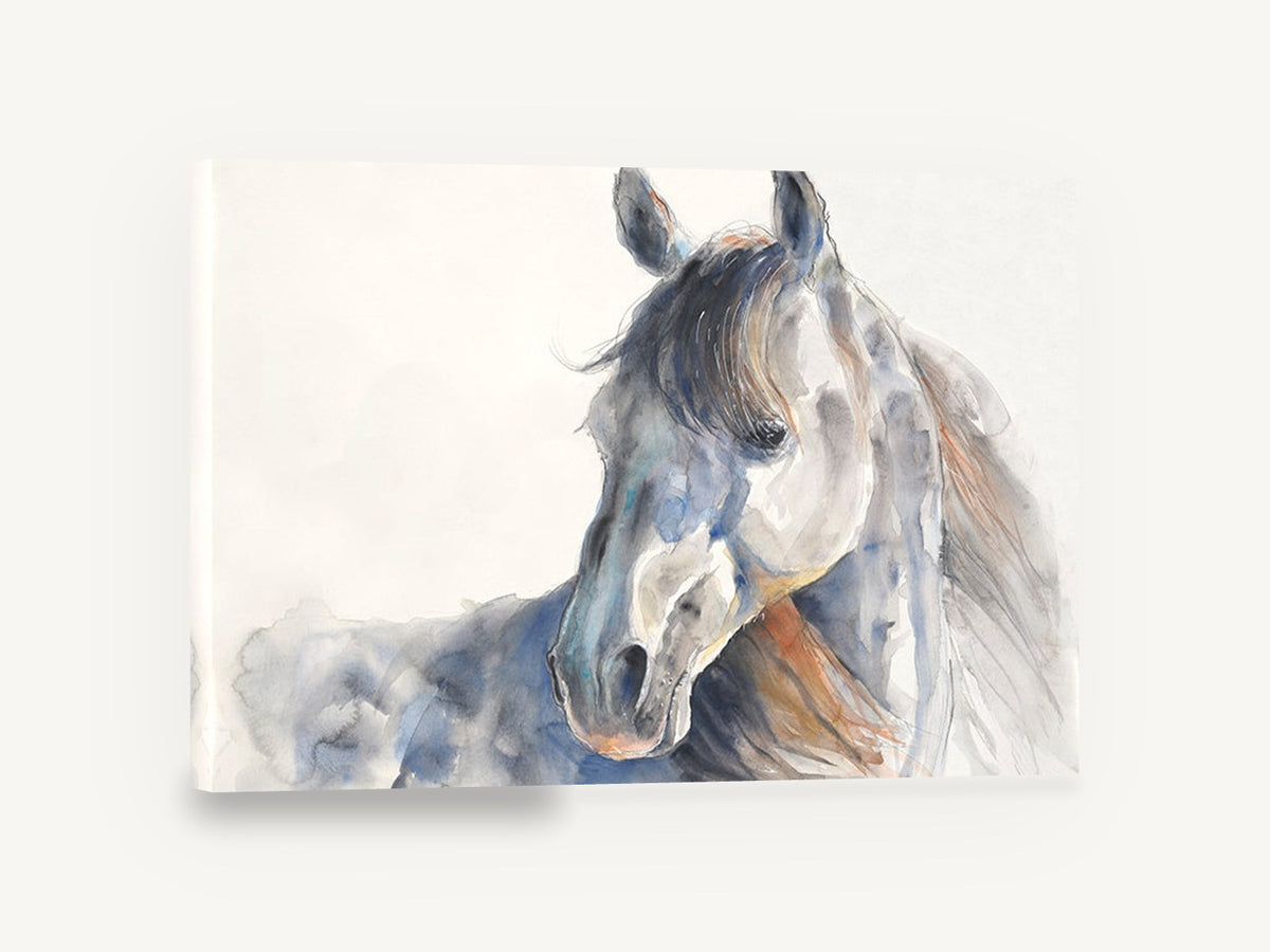 Grey Horse Turning Back, grey horse watercolour portrait, animal canvas wall art print ready to hang