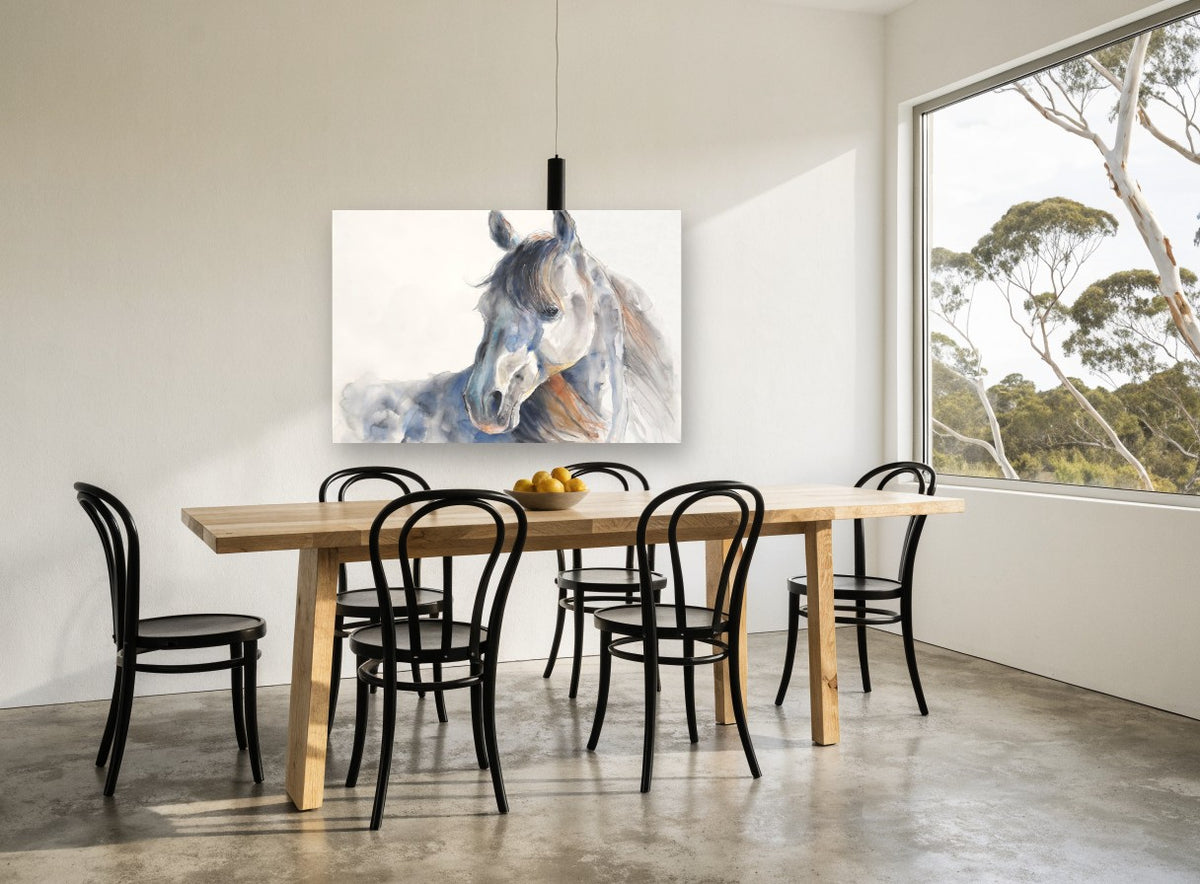 Grey Horse Turning Back animal canvas print on the wall of a dining room