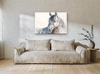 Grey Horse Turning Back animal canvas print on the wall of a living room